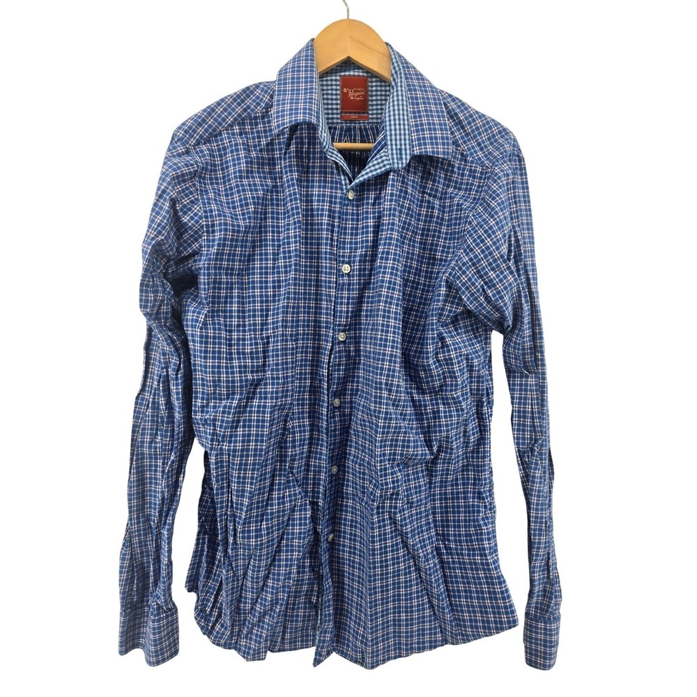 Original Penguin Shirt Mens 16 36/37 Slim Fit Plaid Blue Button Down EUC